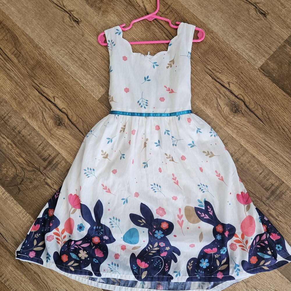White Floral Bunny Print Casual Dress for Girls with Blue Waist Trim